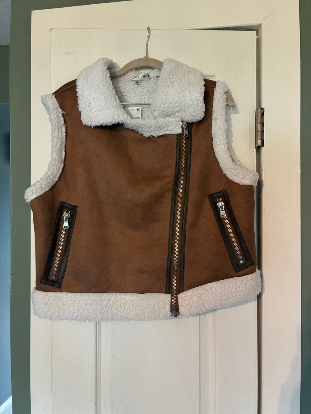 Madden Girl Brown Faux Suede Shearling Vest with White Trim